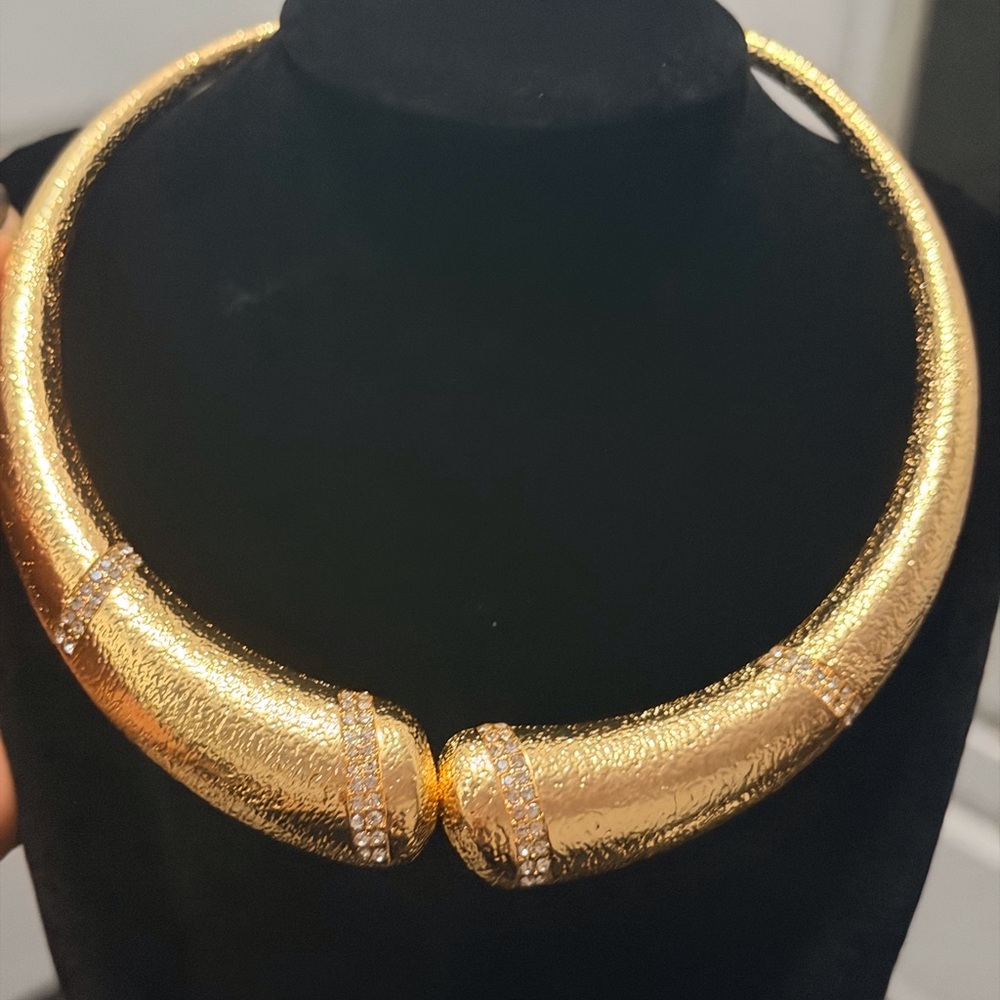 Textured Gold Collar Necklace with Crystal Band Accents